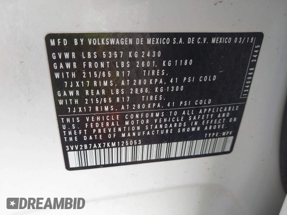 2019 Volkswagen Tiguan SE with VIN 3VV2B7AX7KM125053, listed as a IAAI auction lot 41892539 with 78,865 mi miles and . Bid and sale history available at DreamBid. Image 9.