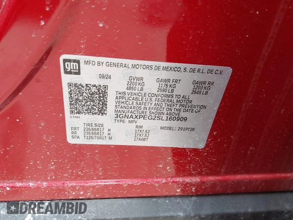 2025 Chevrolet Equinox AWD LT with VIN 3GNAXPEG2SL160909, listed as a IAAI auction lot 41718164 with 2,447 mi miles. Bid and sale history available at carsss.com. Image 9.