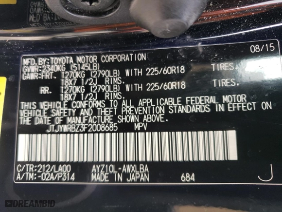 2015 Lexus NX 300h with VIN JTJYWRBZ3F2008685, listed as a Copart auction lot 67262784 with 164,349 mi miles and Salvage Title. Bid and sale history available at carsss.com. Image 13.