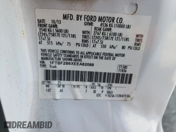2014 Ford F-250 XL with VIN 1FTBF2B6XEEA82088, listed as a Copart auction lot 54400545 with Not provided miles and Clean title. Bid and sale history available at DreamBid. Image 12.