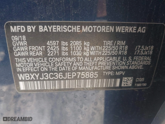 2018 BMW X2 sDrive28i with VIN WBXYJ3C36JEP75885, listed as a IAAI auction lot 41503551 with 136,671 mi miles. Bid and sale history available at carsss.com. Image 9.