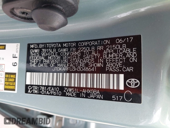 2017 Toyota Prius Two z VIN JTDKARFU3H3048641, wystawiony jako IAAI lot #42369969 z przebiegiem 13 749 mil mil oraz . Historia ofert i sprzedaży dostępna na DreamBid. Obrazek 9.