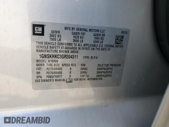 2016 Chevrolet Suburban LT with VIN 1GNSKHKC3GR394311, listed as a Copart auction lot 47304525 with 114,697 mi miles and Salvage Title. Bid and sale history available at DreamBid. Image 13.