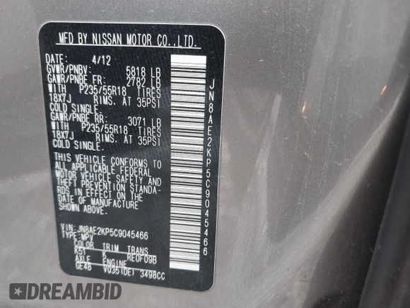 2012 Nissan Quest SL z VIN JN8AE2KP5C9045466, wystawiony jako IAAI lot #41740388 z przebiegiem 157 223 mil mil oraz . Historia ofert i sprzedaży dostępna na DreamBid. Obrazek 9.