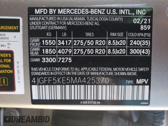 2021 Mercedes-Benz GLS with VIN 4JGFF5KE5MA425370, listed as a Copart auction lot 64064323 with 40,922 mi miles. Bid and sale history available at carsss.com. Image 14.