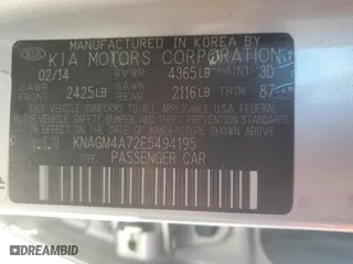 2014 Kia Optima LX with VIN KNAGM4A72E5494195, listed as a Copart auction lot 49837575 with 173,311 mi miles and Salvage Title. Bid and sale history available at carsss.com. Image 13.
