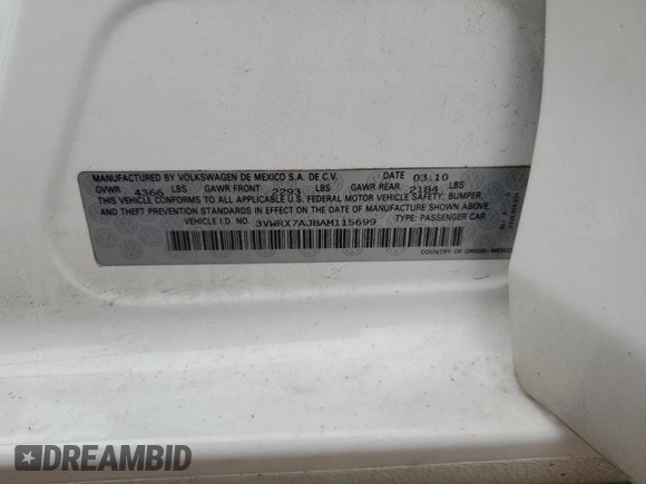 2010 Volkswagen Jetta SEL z VIN 3VWRX7AJ8AM115699, wystawiony jako Copart lot #61933765 z przebiegiem Nie podano mil oraz Szkoda całkowita • Salvage title. Historia ofert i sprzedaży dostępna na DreamBid. Obrazek 12.