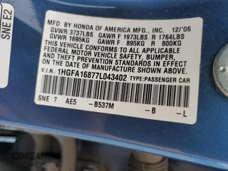2007 Honda Civic EX with VIN 1HGFA16877L043402, listed as a Copart auction lot 56257455 with 141,347 mi miles and Clean Title. Bid and sale history available at DreamBid. Image 12.