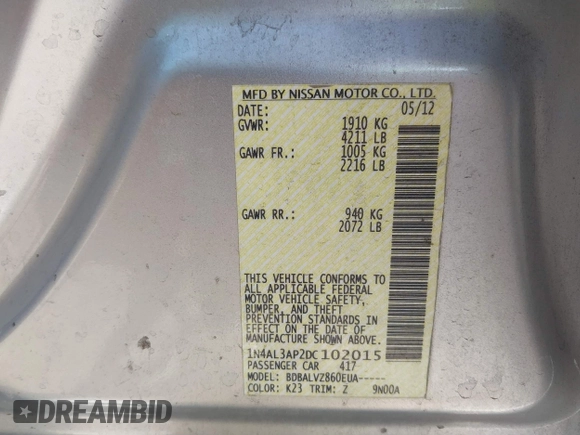 2013 Nissan Altima SV with VIN 1N4AL3AP2DC102015, listed as a IAAI auction lot 42572034 with 158,578 mi miles and . Bid and sale history available at DreamBid. Image 9.