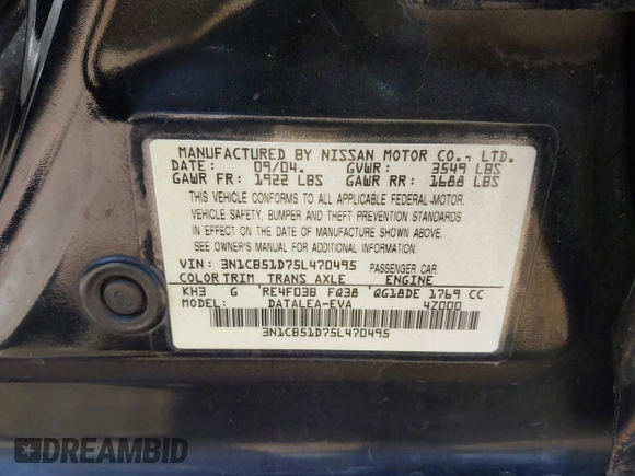 2005 Nissan Sentra 1.8 with VIN 3N1CB51D75L470495, listed as a IAAI auction lot 42194198 with 212,368 mi miles and . Bid and sale history available at DreamBid. Image 9.