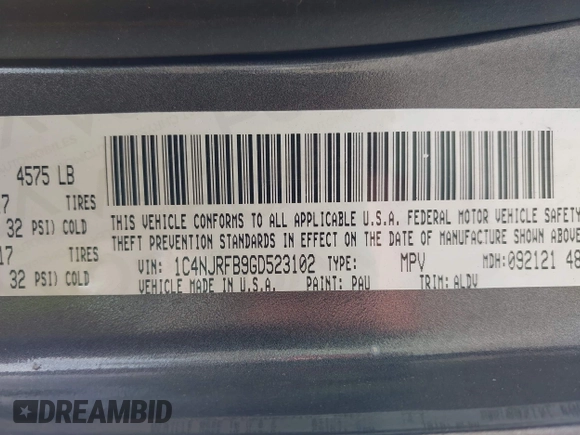 2016 Jeep Patriot Latitude with VIN 1C4NJRFB9GD523102, listed as a IAAI auction lot 42598712 with 144,808 mi miles and . Bid and sale history available at DreamBid. Image 9.