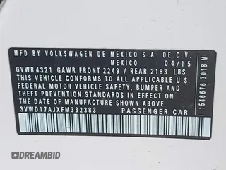 2015 Volkswagen Jetta SE with VIN 3VWD17AJXFM332383, listed as a IAAI auction lot 42237296 with 119,393 mi miles and . Bid and sale history available at DreamBid. Image 9.