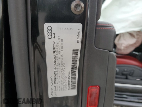2018 Audi S4 Premium Plus with VIN WAUB4AF40JA043985, listed as a Copart auction lot 62754744 with 0 mi miles and Salvage Title. Bid and sale history available at carsss.com. Image 13.