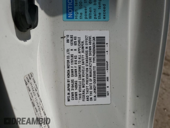 2011 Honda CR-Z EX with VIN JHMZF1D6XBS005772, listed as a Copart auction lot 60376275 with Not provided miles and Clean title. Bid and sale history available at DreamBid. Image 12.