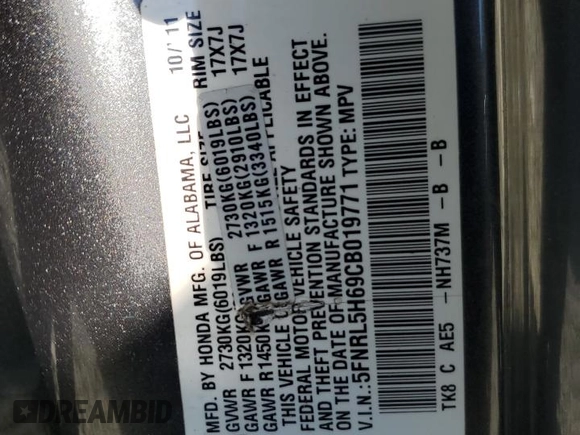 2012 Honda Odyssey EX-L with VIN 5FNRL5H69CB019771, listed as a Copart auction lot 59333624 with 197,203 mi miles and Salvage Title. Bid and sale history available at carsss.com. Image 13.