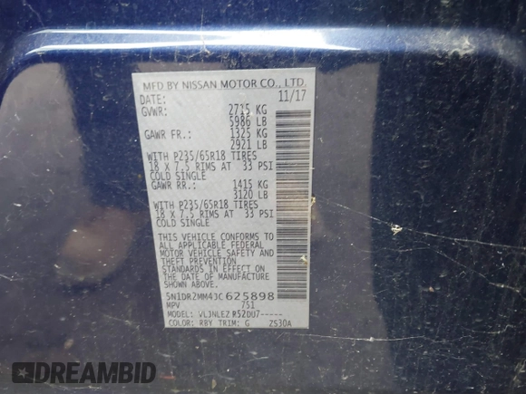 2018 Nissan Pathfinder SV with VIN 5N1DR2MM4JC625898, listed as a IAAI auction lot 41732504 with 118,778 mi miles and . Bid and sale history available at DreamBid. Image 9.