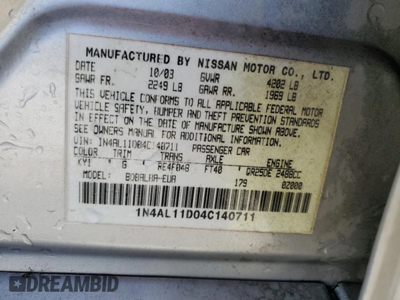 2004 Nissan Altima S with VIN 1N4AL11D04C140711, listed as a Copart auction lot 52951705 with 259,417 mi miles and Salvage Title. Bid and sale history available at carsss.com. Image 12.