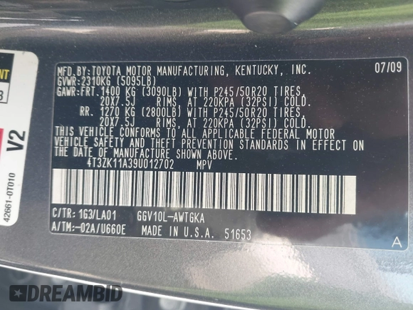 2009 Toyota Venza z VIN 4T3ZK11A39U012702, wystawiony jako IAAI lot #42081340 z przebiegiem 171 735 mil mil oraz . Historia ofert i sprzedaży dostępna na DreamBid. Obrazek 9.