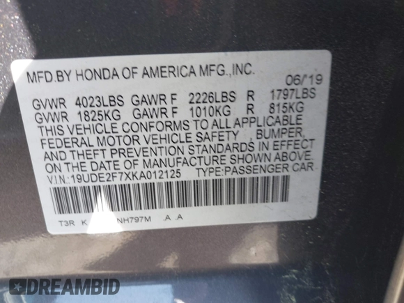 2019 Acura ILX Premium with VIN 19UDE2F7XKA012125, listed as a IAAI auction lot 42006315 with 57,089 mi miles and . Bid and sale history available at DreamBid. Image 9.
