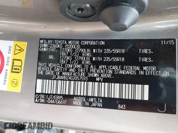 2016 Lexus NX 200t with VIN JTJBARBZ4G2057593, listed as a IAAI auction lot 42072189 with 119,483 mi miles and . Bid and sale history available at DreamBid. Image 9.