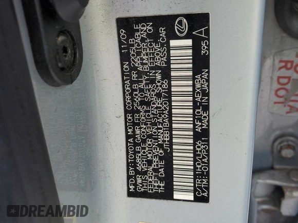 2010 Lexus HS with VIN JTHBB1BA9A2017186, listed as a Copart auction lot 41837274 with 290,026 mi miles and Salvage Title. Bid and sale history available at carsss.com. Image 12.