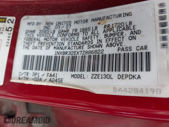 2007 Toyota Corolla CE с VIN 1NXBR32EX7Z886822, выставлен на аукционе IAAI как лот 42383876 с пробегом 299 999 миль миль и . История ставок и продаж доступна на DreamBid. Изображение 9.