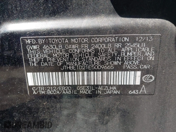 2014 Lexus IS 350 with VIN JTHBE1D21E5009665, listed as a IAAI auction lot 42558191 with 138,015 mi miles and . Bid and sale history available at DreamBid. Image 9.