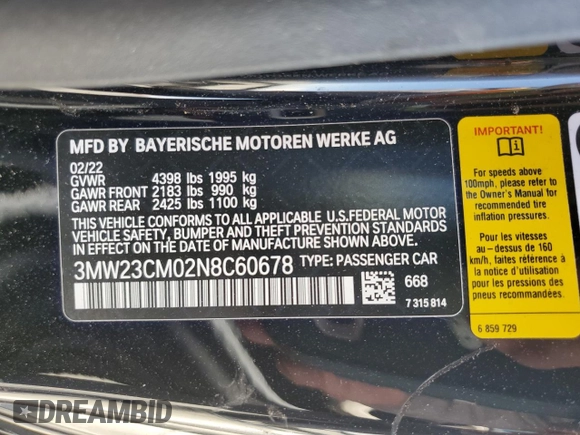 2022 BMW 2 Series 230i with VIN 3MW23CM02N8C60678, listed as a Copart auction lot 60443503 with 0 mi miles. Bid and sale history available at carsss.com. Image 15.