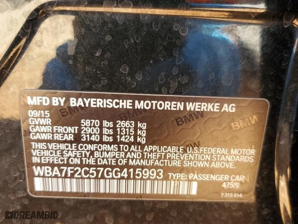 2016 BMW 7 Series 750i xDrive with VIN WBA7F2C57GG415993, listed as a Copart auction lot 46948245 with 0 miles and Salvage Title. Bid and sale history available at carsss.com. Image 12.