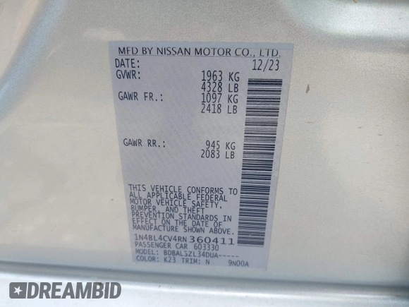 2024 Nissan Altima 2.5 SR with VIN 1N4BL4CV4RN360411, listed as a IAAI auction lot 42016732 with 27,967 mi miles. Bid and sale history available at carsss.com. Image 9.