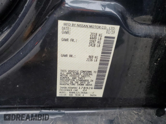 2019 Nissan Altima SL with VIN 1N4BL4EW4KC178926, listed as a Copart auction lot 84023544 with 68,031 mi miles and Salvage Title. Bid and sale history available at DreamBid. Image 13.