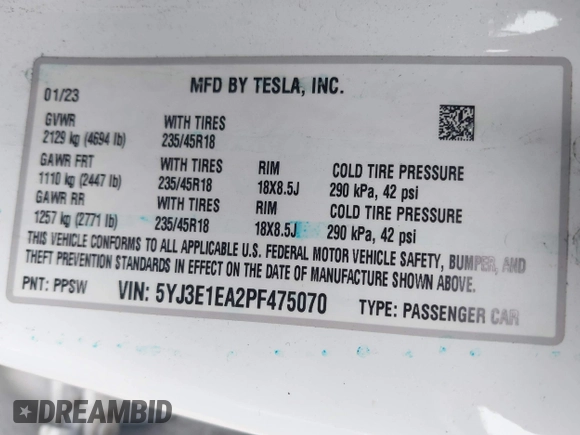 2023 Tesla Model 3 с VIN 5YJ3E1EA2PF475070, выставлен на аукционе IAAI как лот 41948023 с пробегом 61 178 миль миль и . История ставок и продаж доступна на DreamBid. Изображение 9.