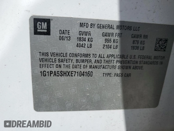 2014 Chevrolet Cruze LS with VIN 1G1PA5SHXE7104160, listed as a Copart auction lot 55236335 with 135,954 mi miles and Salvage Title. Bid and sale history available at carsss.com. Image 13.