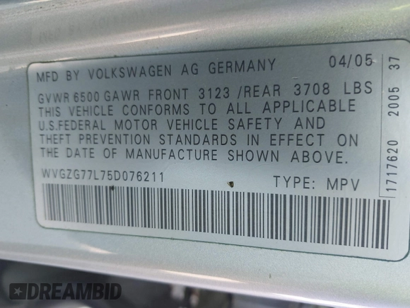 2005 Volkswagen Touareg 3.2L V6 with VIN WVGZG77L75D076211, listed as a IAAI auction lot 42143669 with 158,586 mi miles and . Bid and sale history available at DreamBid. Image 9.