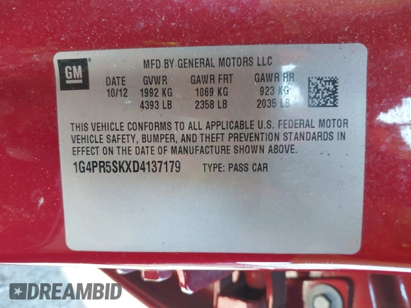 2013 Buick Verano Convenience Group with VIN 1G4PR5SKXD4137179, listed as a IAAI auction lot 41850965 with 113,323 mi miles. Bid and sale history available at carsss.com. Image 9.