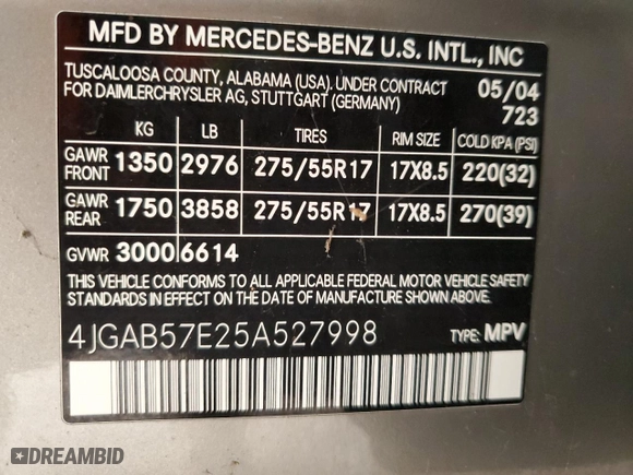 2005 Mercedes-Benz M-Class 3.7L with VIN 4JGAB57E25A527998, listed as a Copart auction lot 52515755 with 97,764 mi miles and Clean Title. Bid and sale history available at carsss.com. Image 12.
