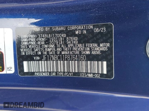 2023 Toyota 86 with VIN JF1ZNBC11P8764160, listed as a Copart auction lot 89409965 with 12,480 mi miles and Salvage Title. Bid and sale history available at DreamBid. Image 14.