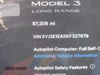2019 Tesla Model 3 Mid Range with VIN 5YJ3E1EA5KF327679, listed as a IAAI auction lot 41804379 with 87,208 mi miles and . Bid and sale history available at DreamBid. Image 15.
