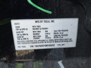 2022 Tesla Model Y Performance with VIN 7SAYGDEF0NF406262, listed as a IAAI auction lot 41132514 with 27,171 mi miles. Bid and sale history available at carsss.com. Image 9.