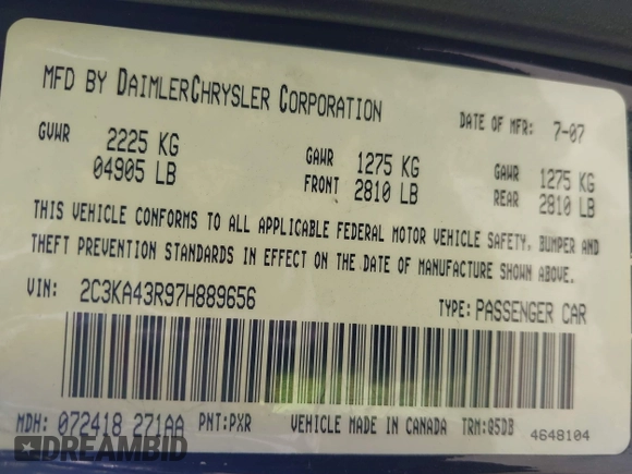 2007 Chrysler 300 with VIN 2C3KA43R97H889656, listed as a IAAI auction lot 41982493 with 81,607 mi miles. Bid and sale history available at carsss.com. Image 9.