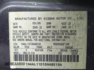 2005 Nissan Altima SL z VIN 1N4AL11D15N485154, wystawiony jako IAAI lot #42196557 z przebiegiem Nie podano mil oraz . Historia ofert i sprzedaży dostępna na DreamBid. Obrazek 9.