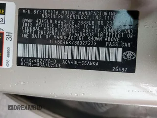 2008 Toyota Camry LE with VIN 4T4BE46K78R027373, listed as a Copart auction lot 54073475 with 93,343 mi miles and Clean Title. Bid and sale history available at carsss.com. Image 12.