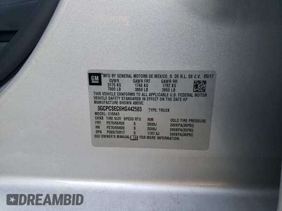 2017 Chevrolet Silverado 1500 LTZ with VIN 3GCPCSEC6HG442583, listed as a Copart auction lot 88414315 with 84,514 mi miles and Salvage Title. Bid and sale history available at DreamBid. Image 12.