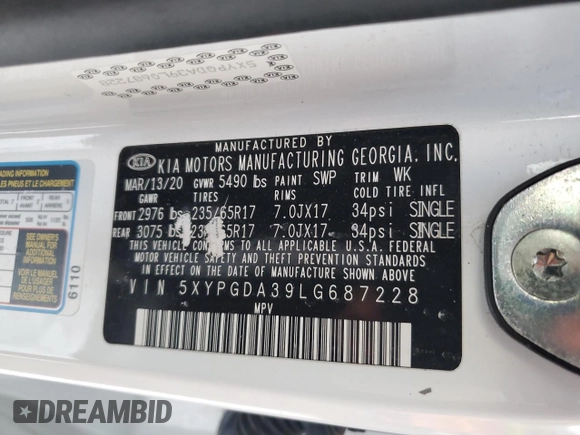 2020 Kia Sorento LX with VIN 5XYPGDA39LG687228, listed as a Copart auction lot 86843204 with 58,971 mi miles and Salvage Title. Bid and sale history available at carsss.com. Image 14.