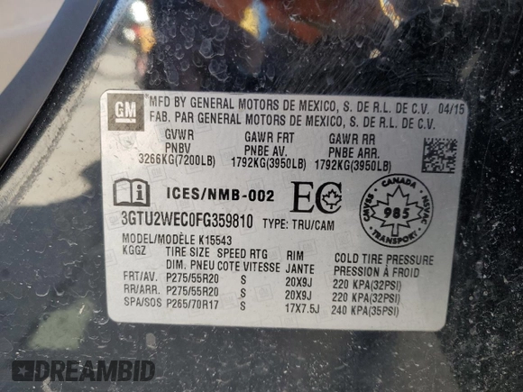2015 GMC Sierra 1500 Denali with VIN 3GTU2WEC0FG359810, listed as a Copart auction lot 49784405 with 121,859 mi miles and Salvage Title. Bid and sale history available at carsss.com. Image 12.