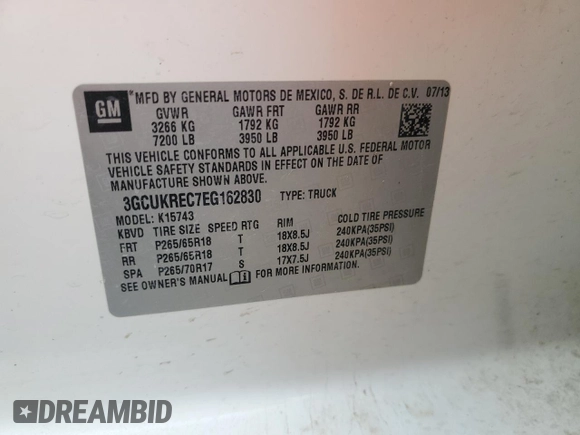2014 Chevrolet Silverado 1500 LT with VIN 3GCUKREC7EG162830, listed as a Copart auction lot 49585565 with 207,709 mi miles and Salvage Title. Bid and sale history available at DreamBid. Image 12.