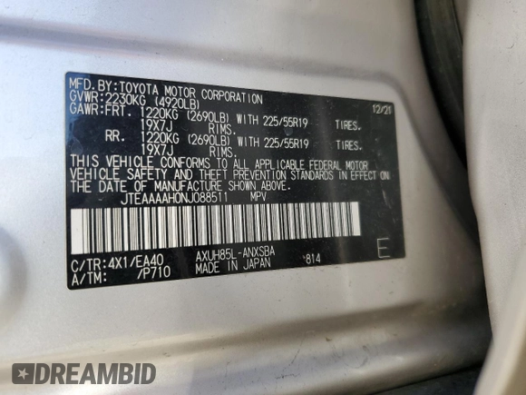 2022 Toyota Venza LE with VIN JTEAAAAH0NJ088511, listed as a Copart auction lot 53174695 with 53,910 mi miles and Salvage Title. Bid and sale history available at carsss.com. Image 16.