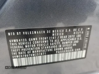 2019 Volkswagen Jetta S с VIN 3VWC57BU7KM231871, выставлен на аукционе Copart как лот 58493755 с пробегом 101 952 миль миль и Чистый • Clean title. История ставок и продаж доступна на DreamBid. Изображение 12.