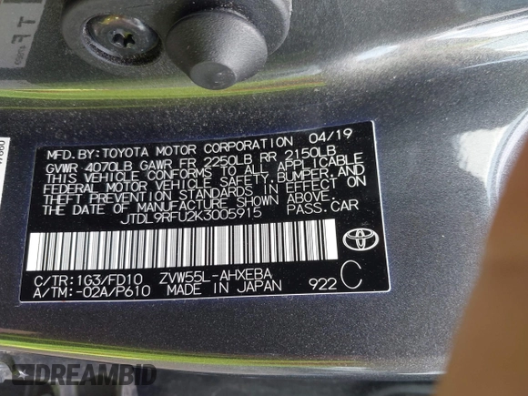 2019 Toyota Prius LE with VIN JTDL9RFU2K3005915, listed as a IAAI auction lot 42192956 with 112,503 mi miles and . Bid and sale history available at DreamBid. Image 9.