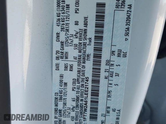 2020 Ford F-250 XL с VIN 1FT7W2A61LEE21745, выставлен на аукционе Copart как лот 84934114 с пробегом 38 294 миль миль и Списание • Salvage title. История ставок и продаж доступна на DreamBid. Изображение 12.